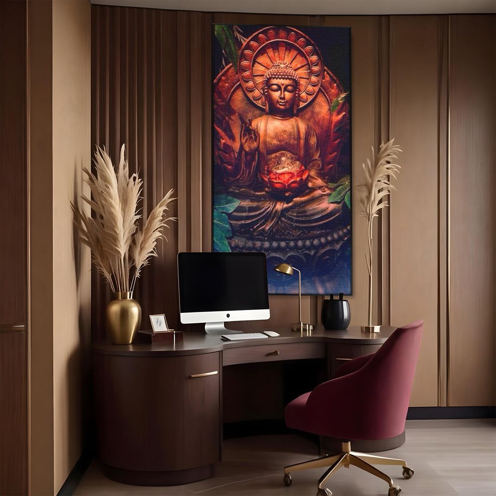 Tablou canvas cu tablou canvas cu statuie buddha in meditatie, in rama de aluminiu negru, pe perete intr-un birou